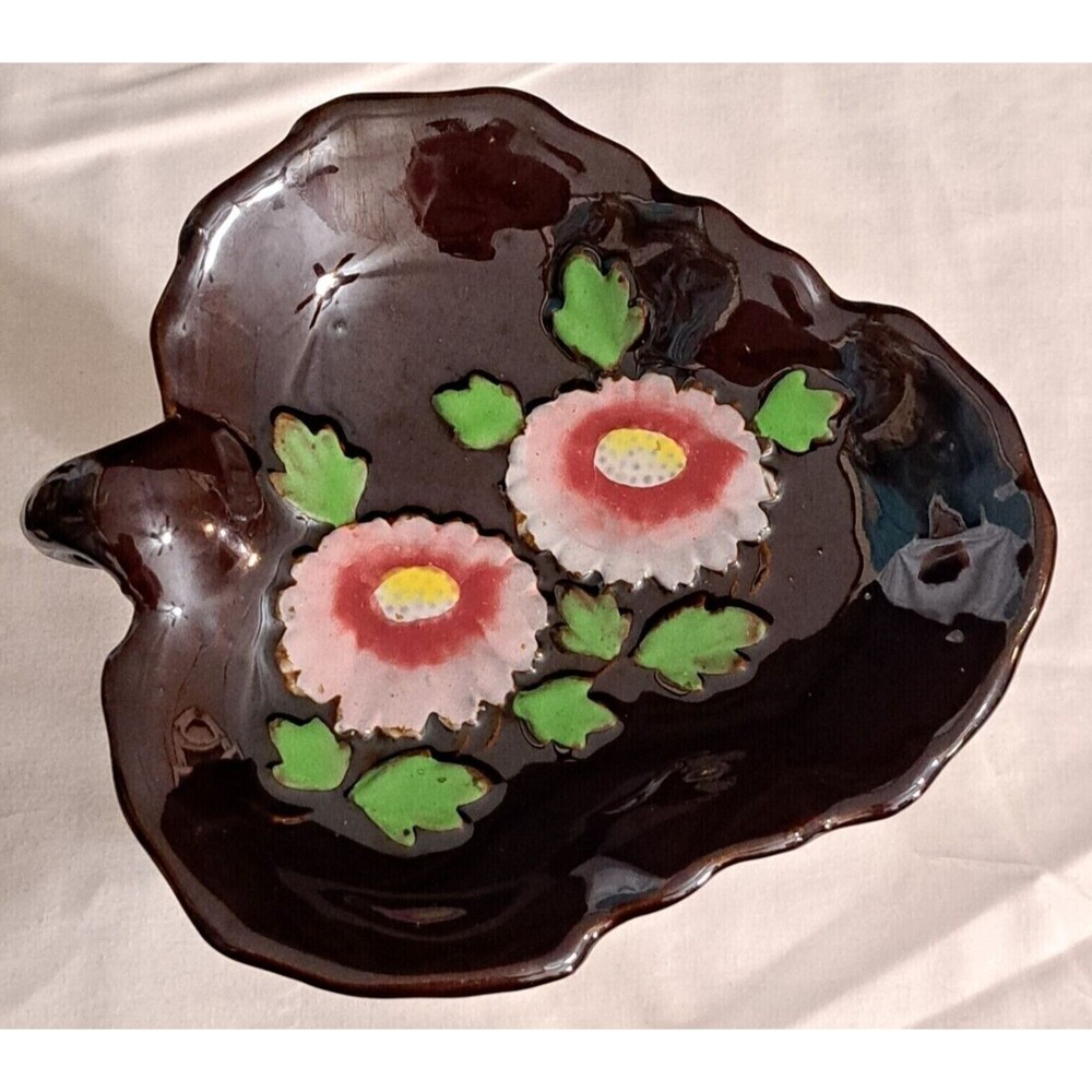 Vintage Made in Occupied Japan Brown Ceramic Serving Trinket Dish Floral Design